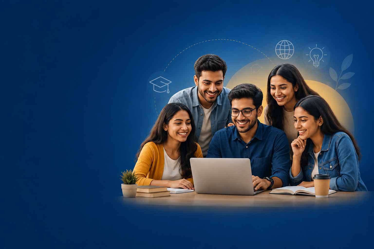 A group of students collaborating around a laptop
